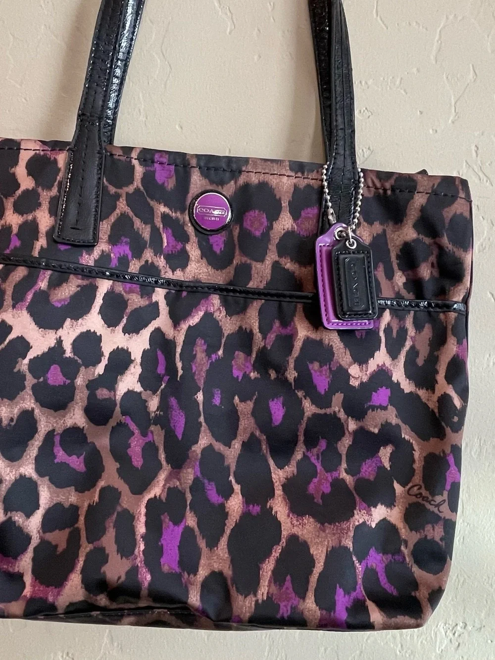 Coach Leopard-Print Tote in Black, Brown & Purple y2k animal print sateen